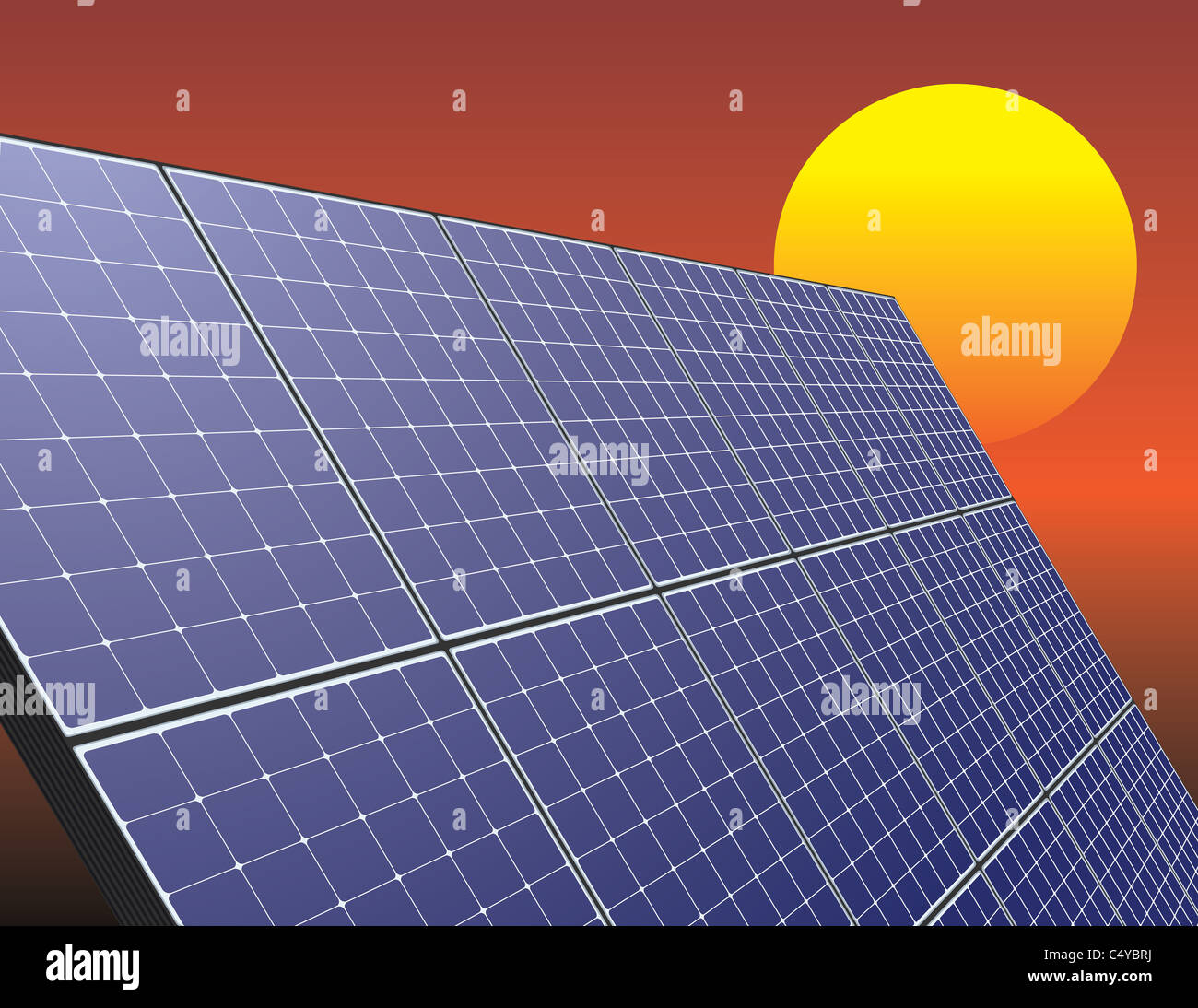 Solarenergie-Panel über Sonnenaufgang Himmel. Innovative Technik Illustration. Stockfoto