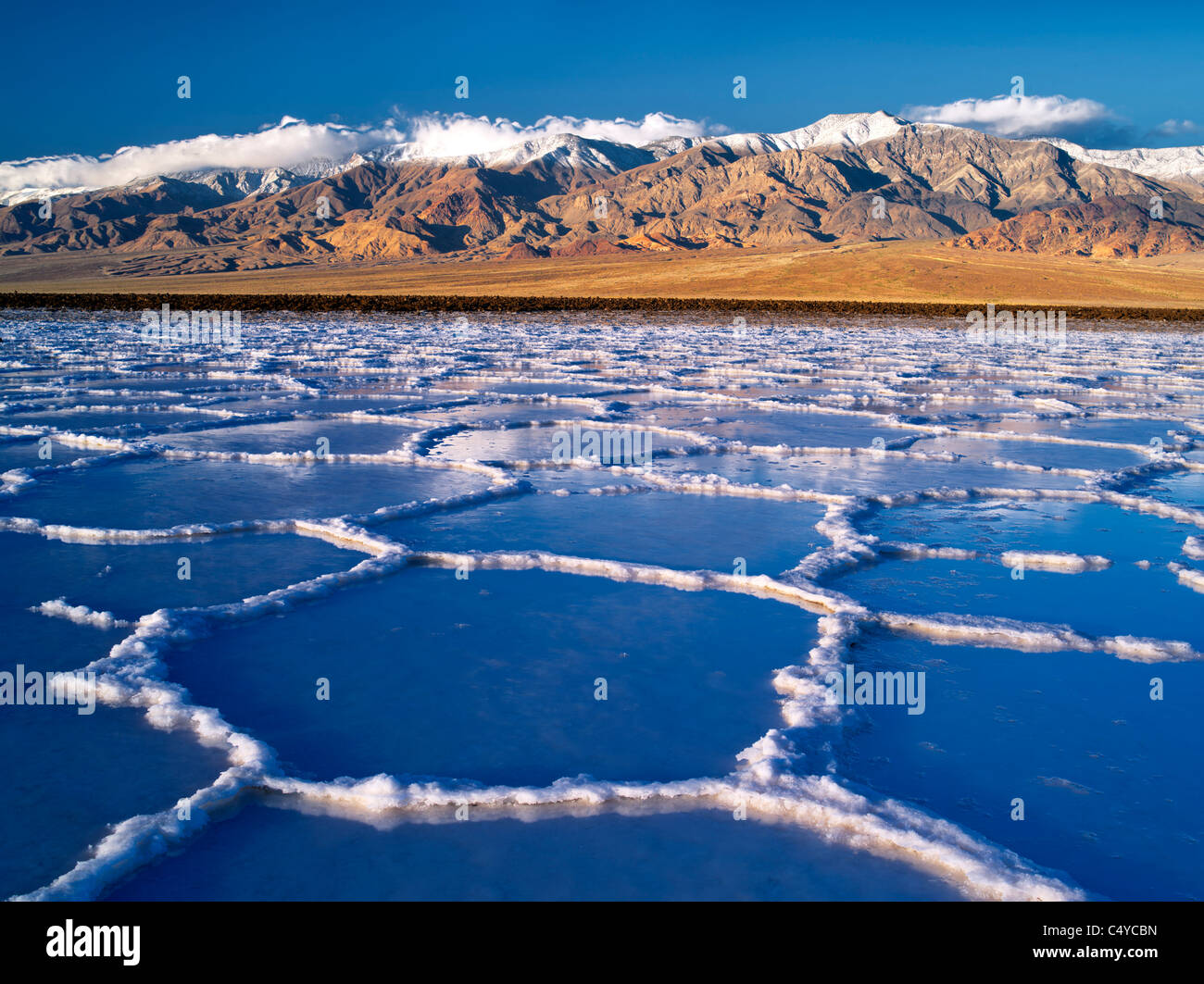 Salz Polygone mit Wasser in ihnen nach Regen Sturm. Death Valley Nationalpark, Kalifornien. Stockfoto