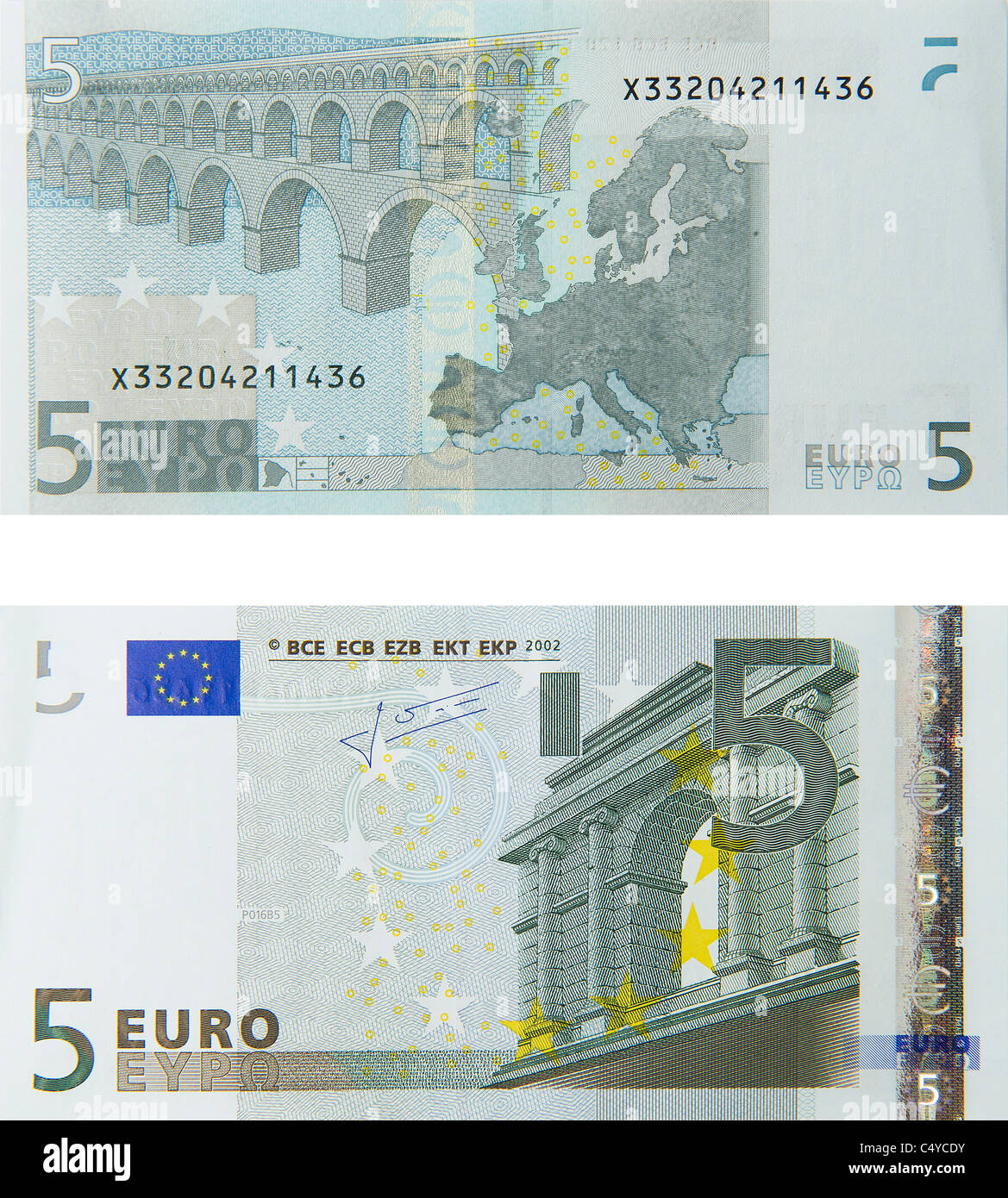 5 fünf Euro Hinweis Euro-Banknoten abrechnen Stockfoto
