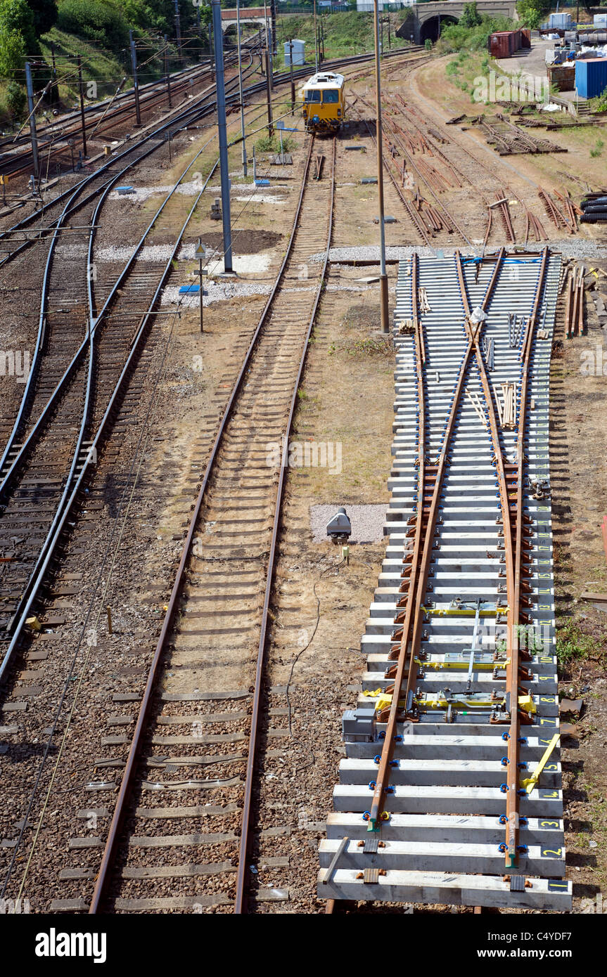 Neue Punkte eine Marshalling Yard, Ipswich, Suffolk, UK Schiene verlegt werden. Stockfoto