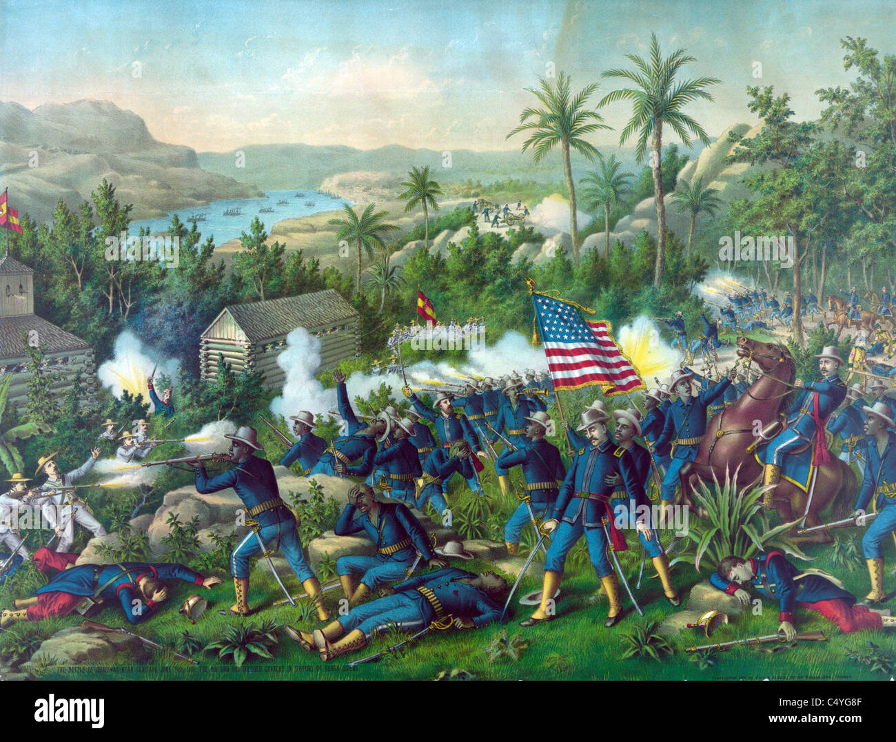 Die Schlacht von Quasimas in der Nähe von Santiago 24. Juni 1898. Die 9. und 10. farbige Kavallerie zur Unterstützung der rauhe Mitfahrer Stockfoto