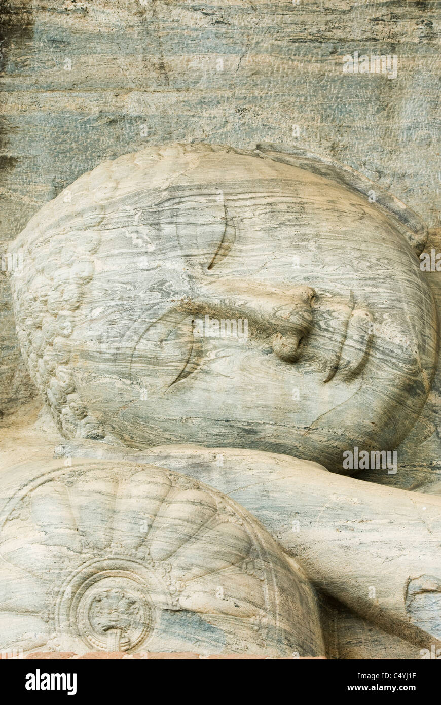 Gesicht des liegenden Buddha, Gal Vihara, Polonnaruwa, Sri Lanka-UNESCO-Welterbe. Stockfoto