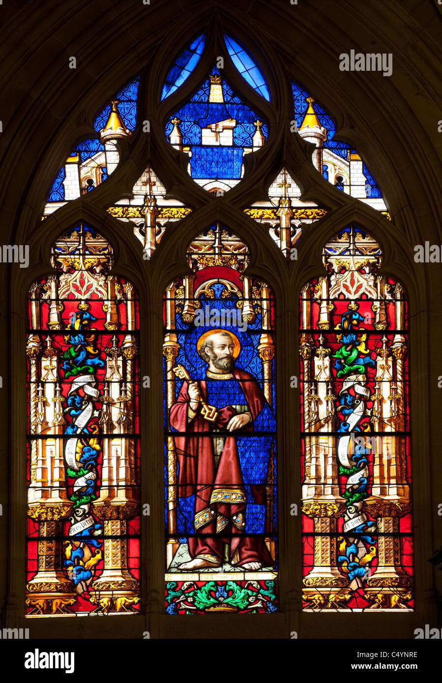 -Fensterscheibe von Peter Apostel - Paris Saint Germain-Auxerrois gotische Kirche Stockfoto