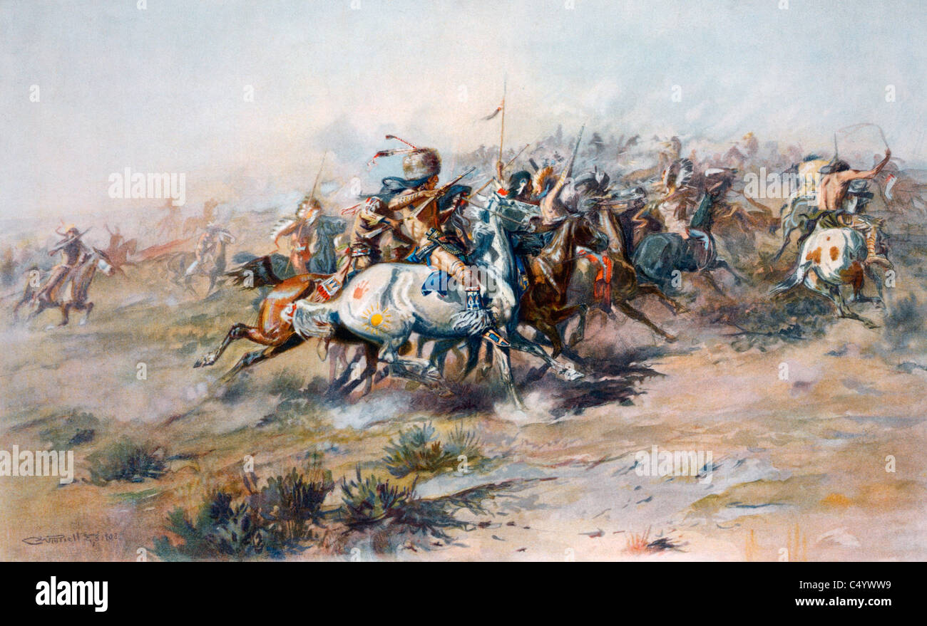 Die indische Einkreisung von General Custer in der Schlacht von Little Big Horn. Custer's Last Stand. Stockfoto