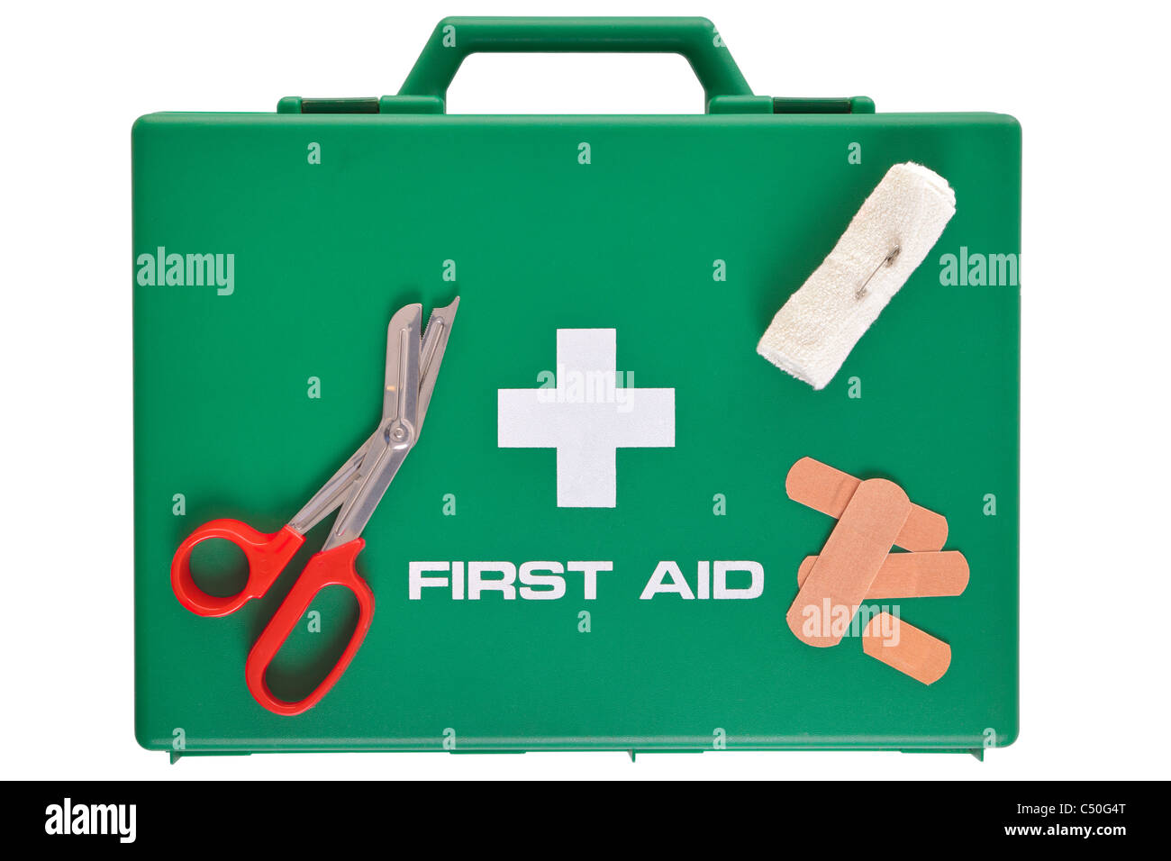 Foto eines erste-Hilfe-Kits isoliert auf weißem Hintergrund mit Beschneidungspfad. Stockfoto