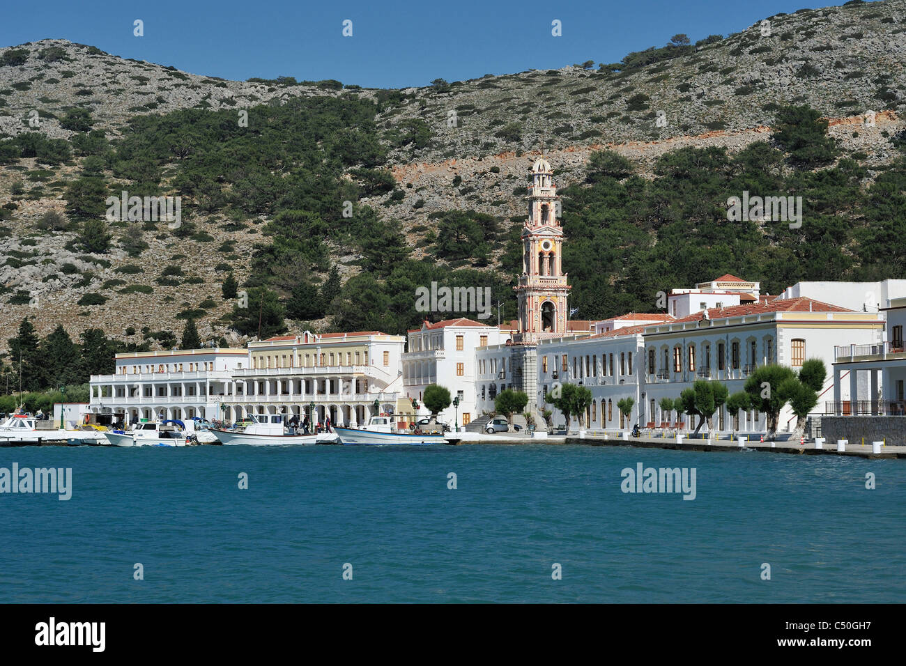 Symi. Dodekanes-Inseln. Griechenland. Kloster von Michael Panormitis / Moni Taxarhou Mihail. Stockfoto