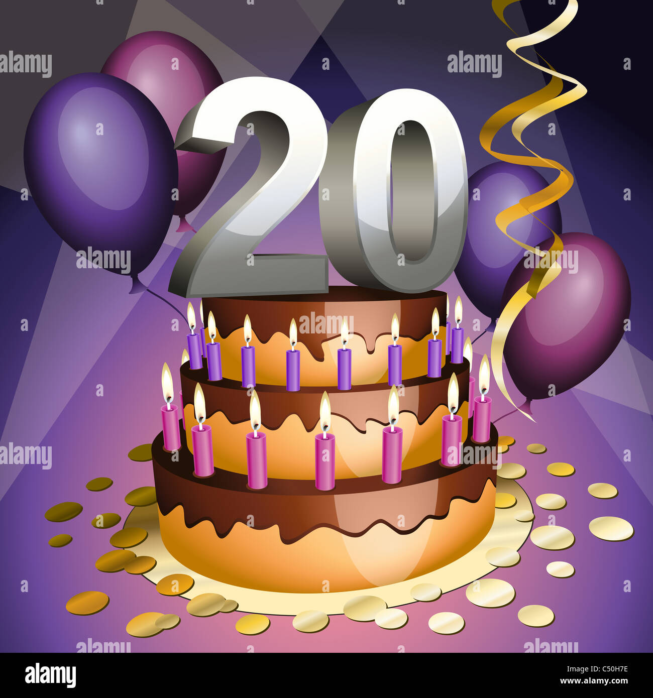 20. Geburtstag Kuchen mit Zahlen, Kerzen und Luftballons Stockfoto
