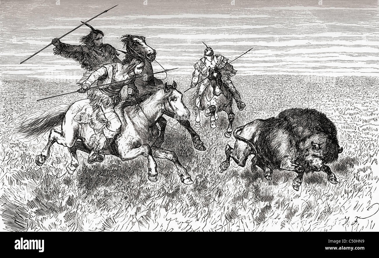 Nordamerikanischen Indianer jagen Büffel im späten 19. Jahrhundert. Stockfoto