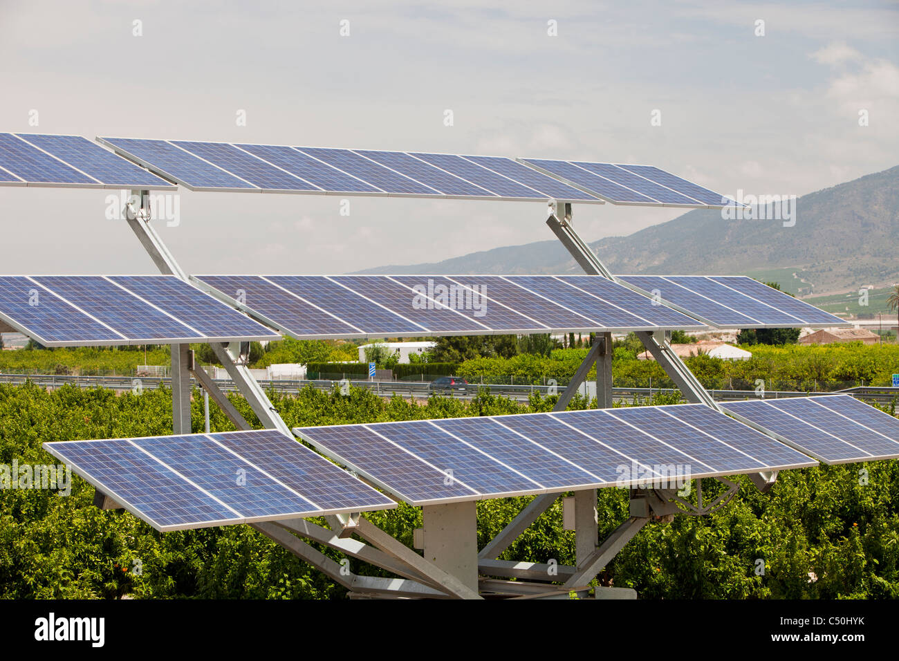 Ein Photovoltaik solar Kraftwerk in der Nähe von Mercia, Spanien, unter einem Obstgarten Stockfoto