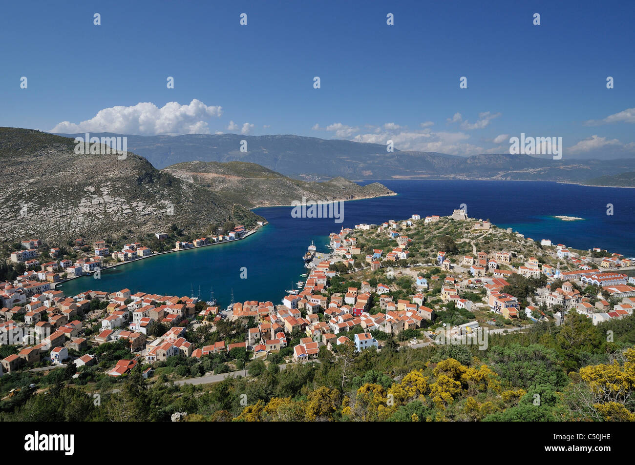 Kastellorizo. Dodekanes-Inseln. Griechenland. Luftbild mit Blick auf die Stadt. Stockfoto