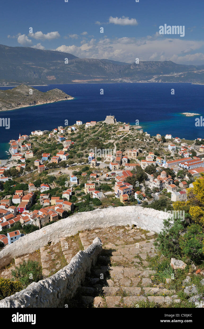 Kastellorizo. Dodekanes-Inseln. Griechenland. Luftbild mit Blick auf die Stadt. Stockfoto