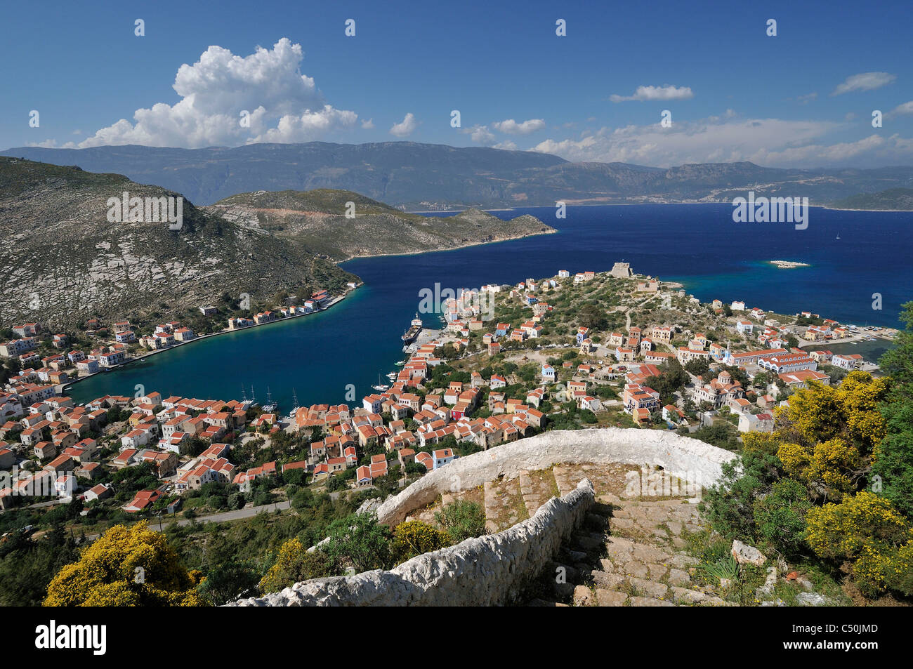 Kastellorizo. Dodekanes-Inseln. Griechenland. Luftbild mit Blick auf die Stadt. Stockfoto