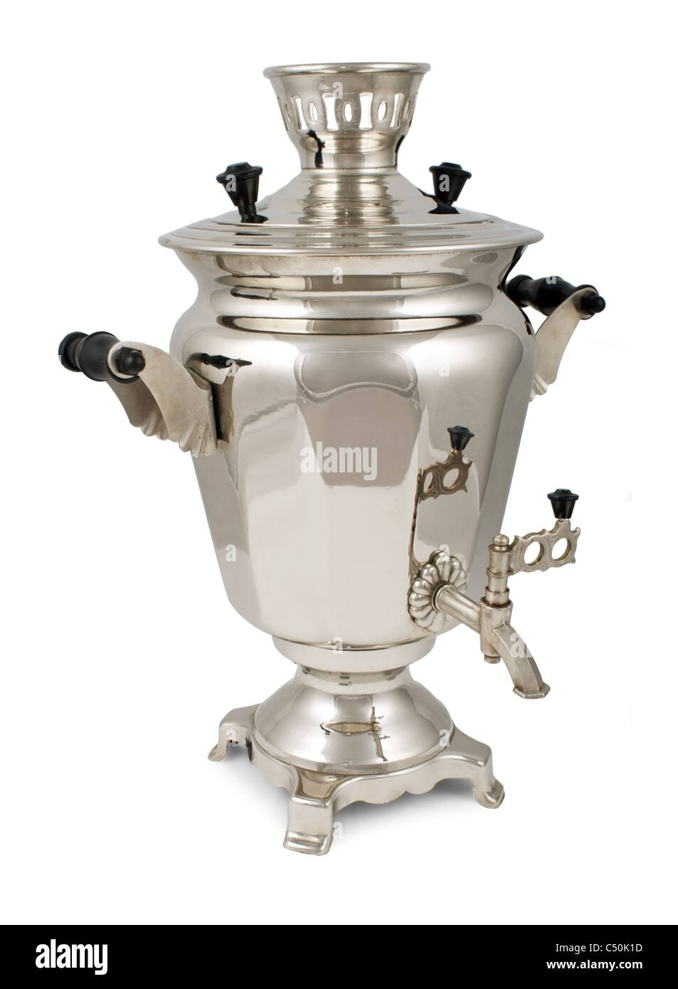 Alte russische Tee Samowar isoliert auf weißem Hintergrund Stockfoto