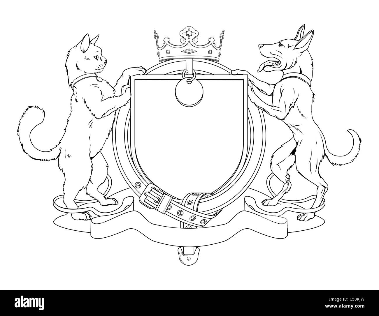 Katze und Hund Haustiere heraldischen Schild Wappen. Beachten Sie das Halsband statt Strumpfband. Stockfoto