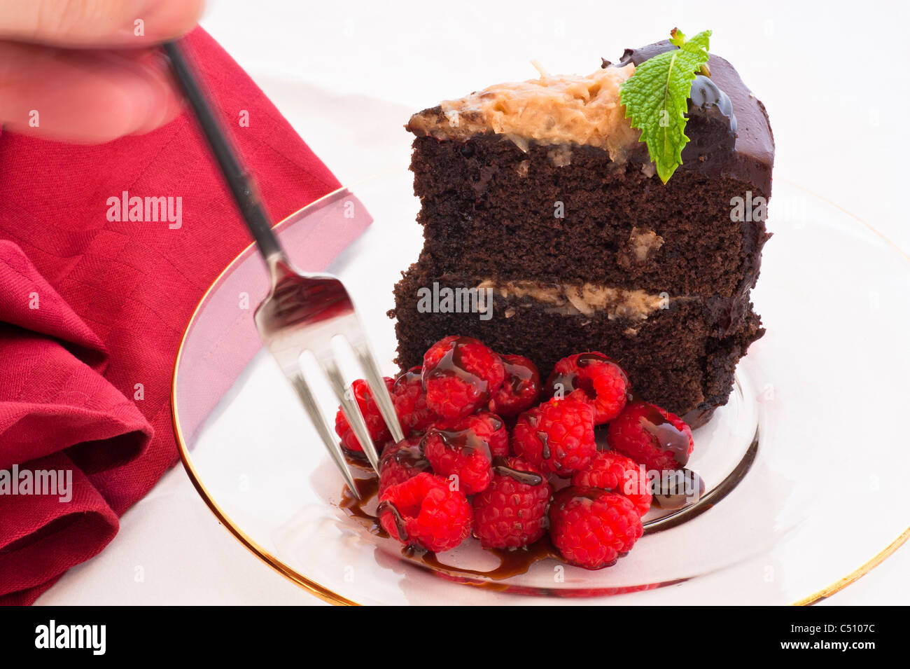 Deutsche Schokolade Torte mit roten Himbeeren, Minze garnieren. Stockfoto