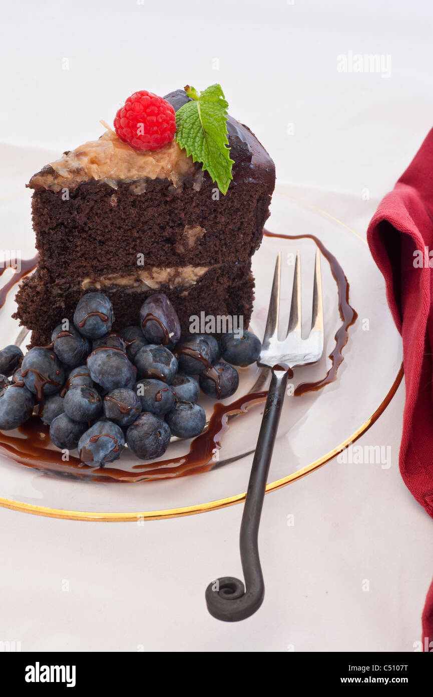 Leckere deutsche Layer Cake mit Heidelbeeren und Himbeeren obendrauf. Stockfoto