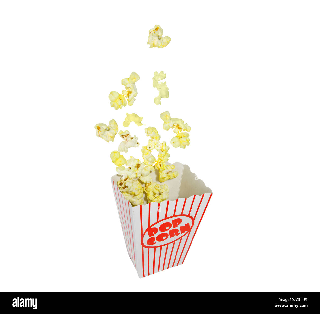 Knallende Popcorn-Box isoliert auf weiss. Stockfoto