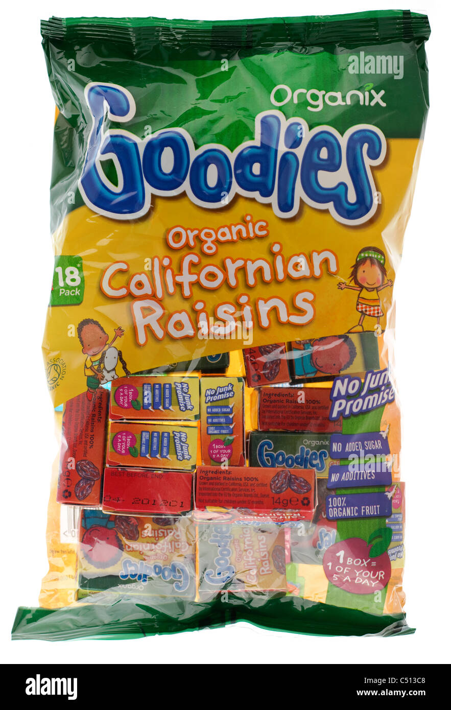 Tasche von Organix Goodies 18 Pack Kiddies kalifornischen Rosinen Stockfoto
