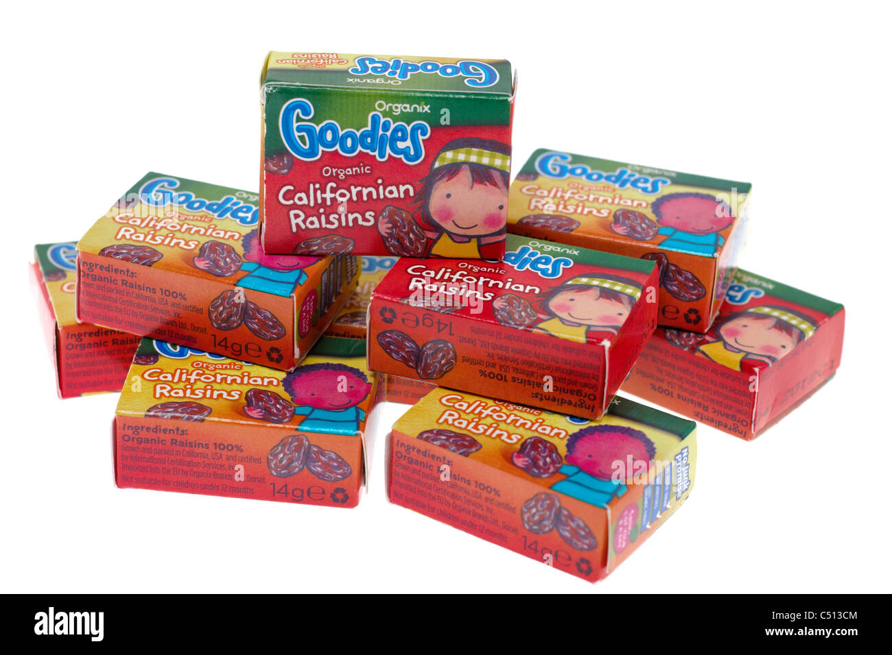 Mehreren 14 Gramm Box Organix Leckereien gut für gesunde Kinder behandelt organische kalifornischen Rosinen Stockfoto