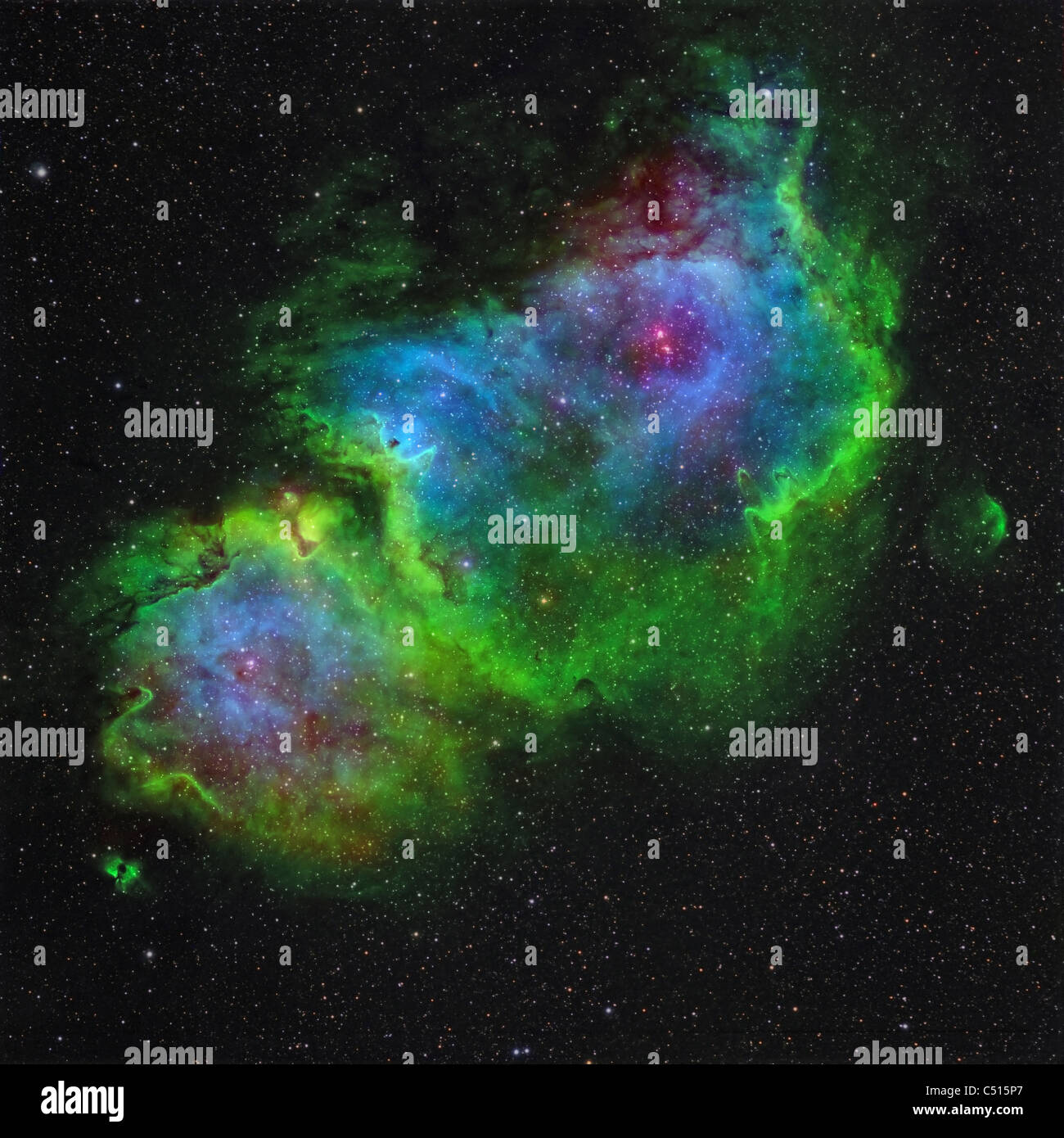 IC 1848, der Seele-Nebel in Hubble-Palette Farbzuordnung. Stockfoto