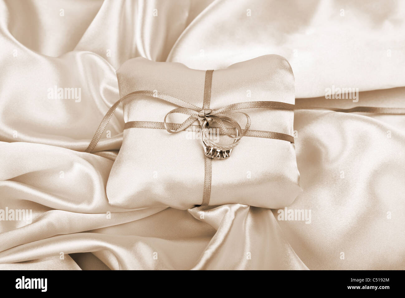 Hochzeit und Diamant Verlobungsringe auf Seide Präsentation Kissen Stockfoto