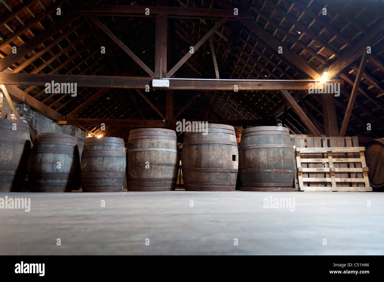 Fässer mit Bier Stack nahe beieinander in der Cantillon Brauerei in Brüssel, Belgien. Stockfoto