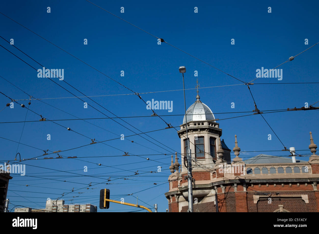Straßenbahn Linie Drähte in Melbourne, Victoria, Australia Stockfoto