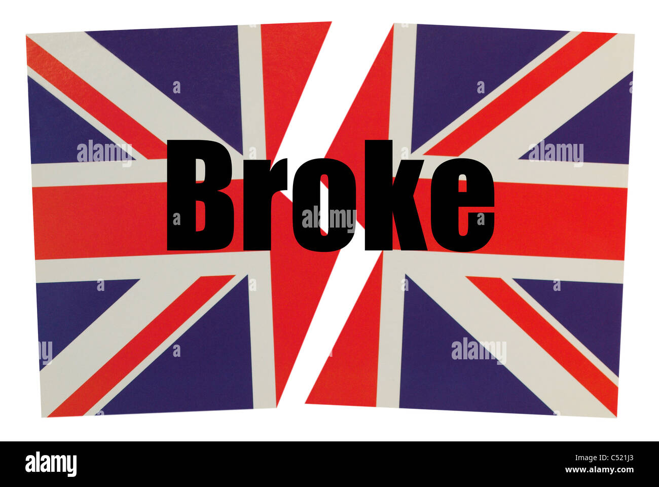 Das Wort Broke - schwarzer Schriftzug gegen ein Union Jack. Stockfoto