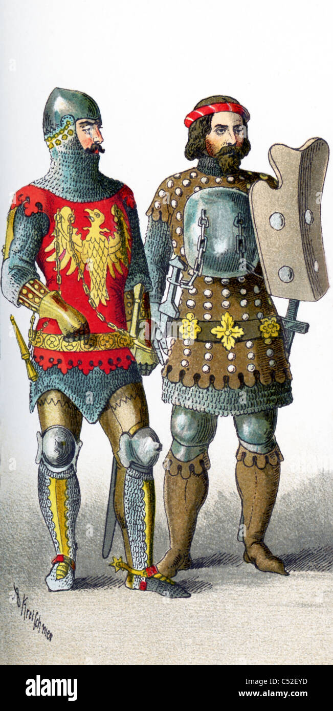 Die Zahlen repräsentieren zwei deutsche Ritter 1350 und 1400 n. Chr.. Die Abbildung stammt bis 1882. Stockfoto