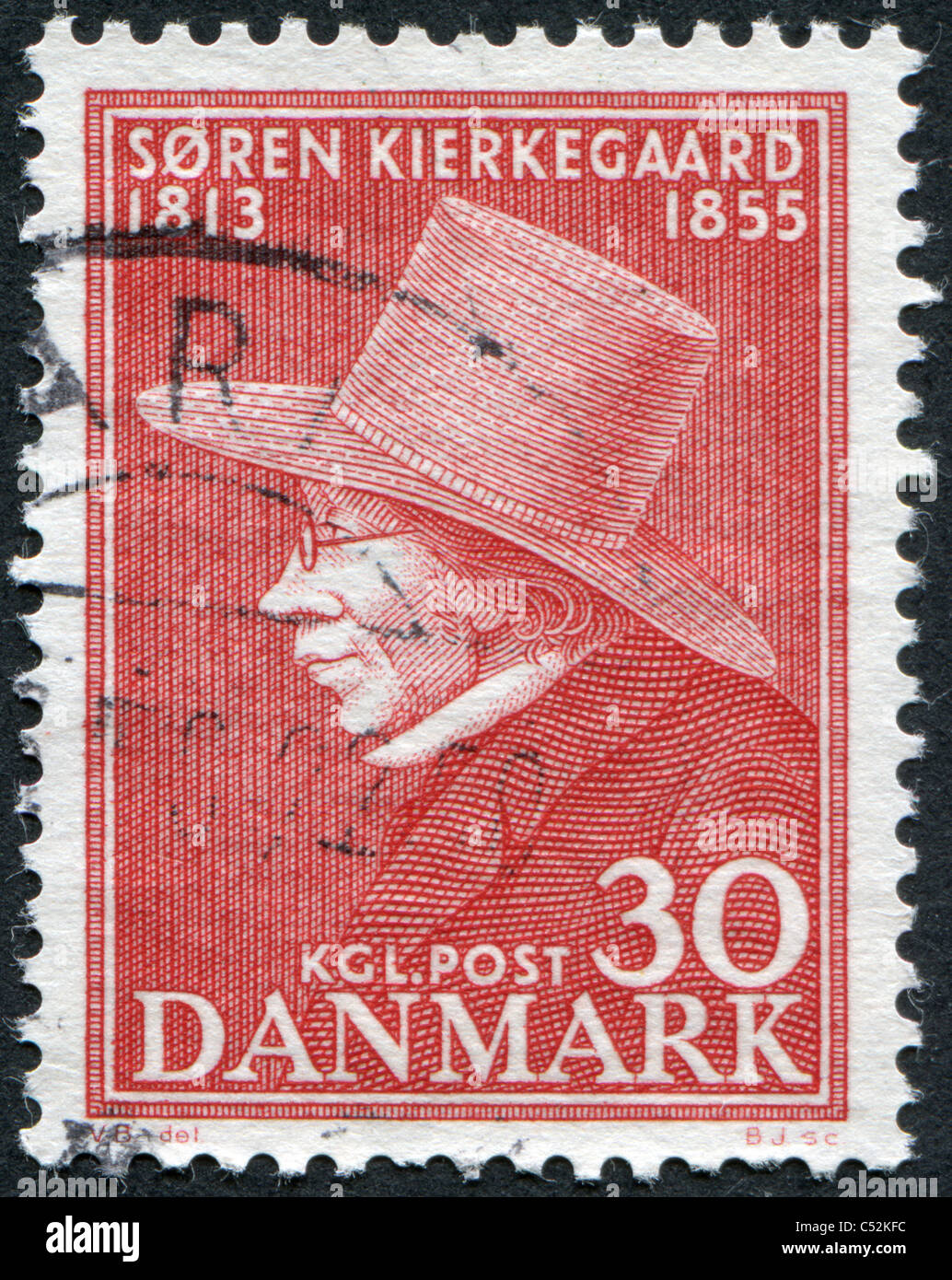 Dänemark 1955: Eine Briefmarke gedruckt in Dänemark, dem 100. Jahrestag des Todes von Sören Aabye Kierkegaard gewidmet Stockfoto