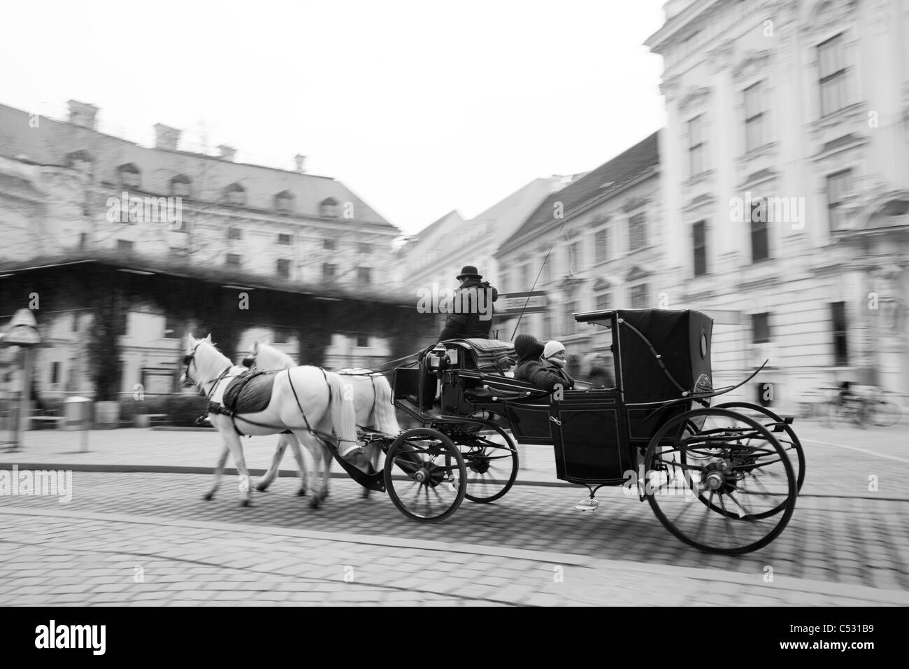 Ein Pferd angetrieben Wagen vorbei an der alten Gebäude Wiens. Österreich. Stockfoto