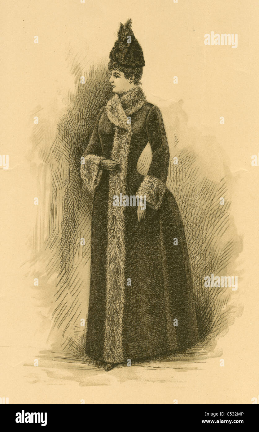 Ca. 1880 s Mode Gravur einer Frau trägt ein Pelz-Mantel und Hut. Stockfoto