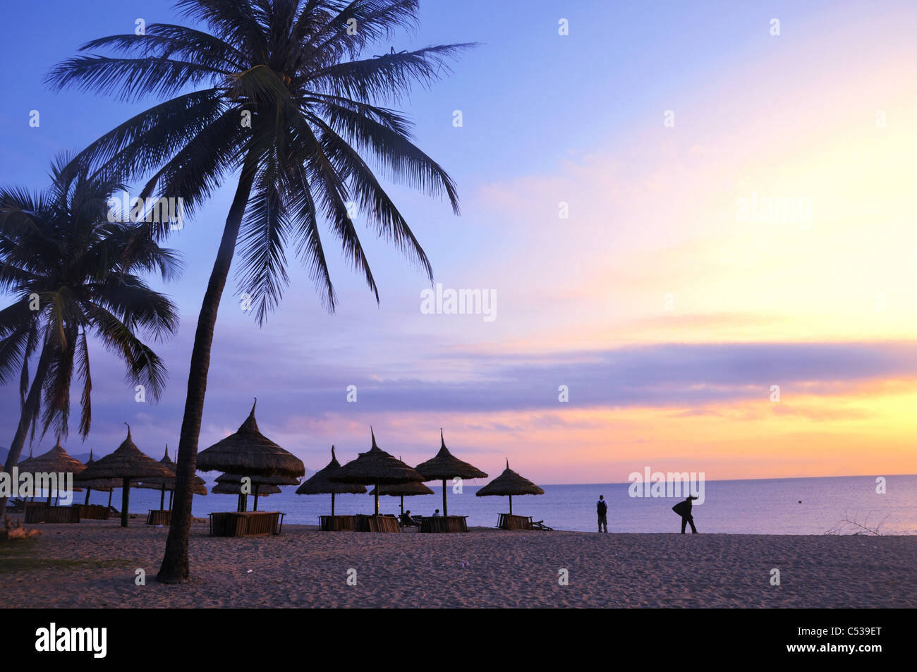Landschaft mit Regenschirm und Palmen am Strand bei Sonnenaufgang Stockfoto