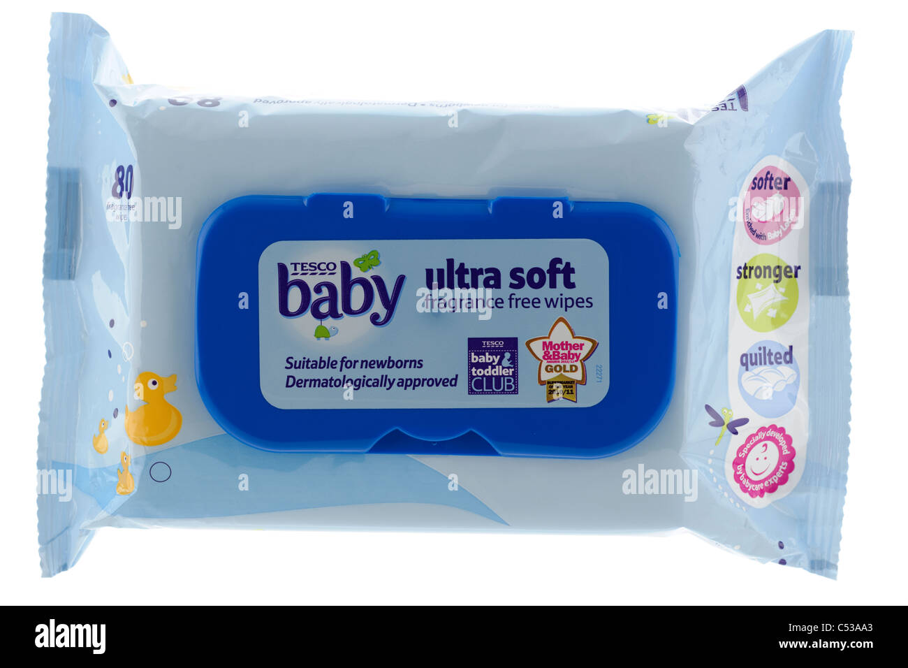 Packung mit 80 Tesco genehmigt dermatologisch Hautpflege Duft frei Babytücher Stockfoto