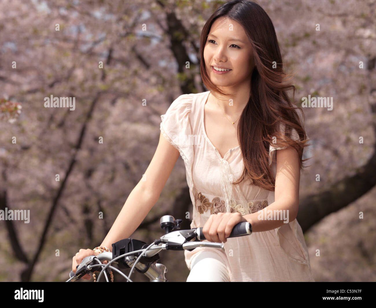 Führerschein erhältlich unter MaximImages.com - eine lächelnde Asiatin, die in einem Park mit dem Fahrrad neben blühenden Kirschbäumen fährt Stockfoto