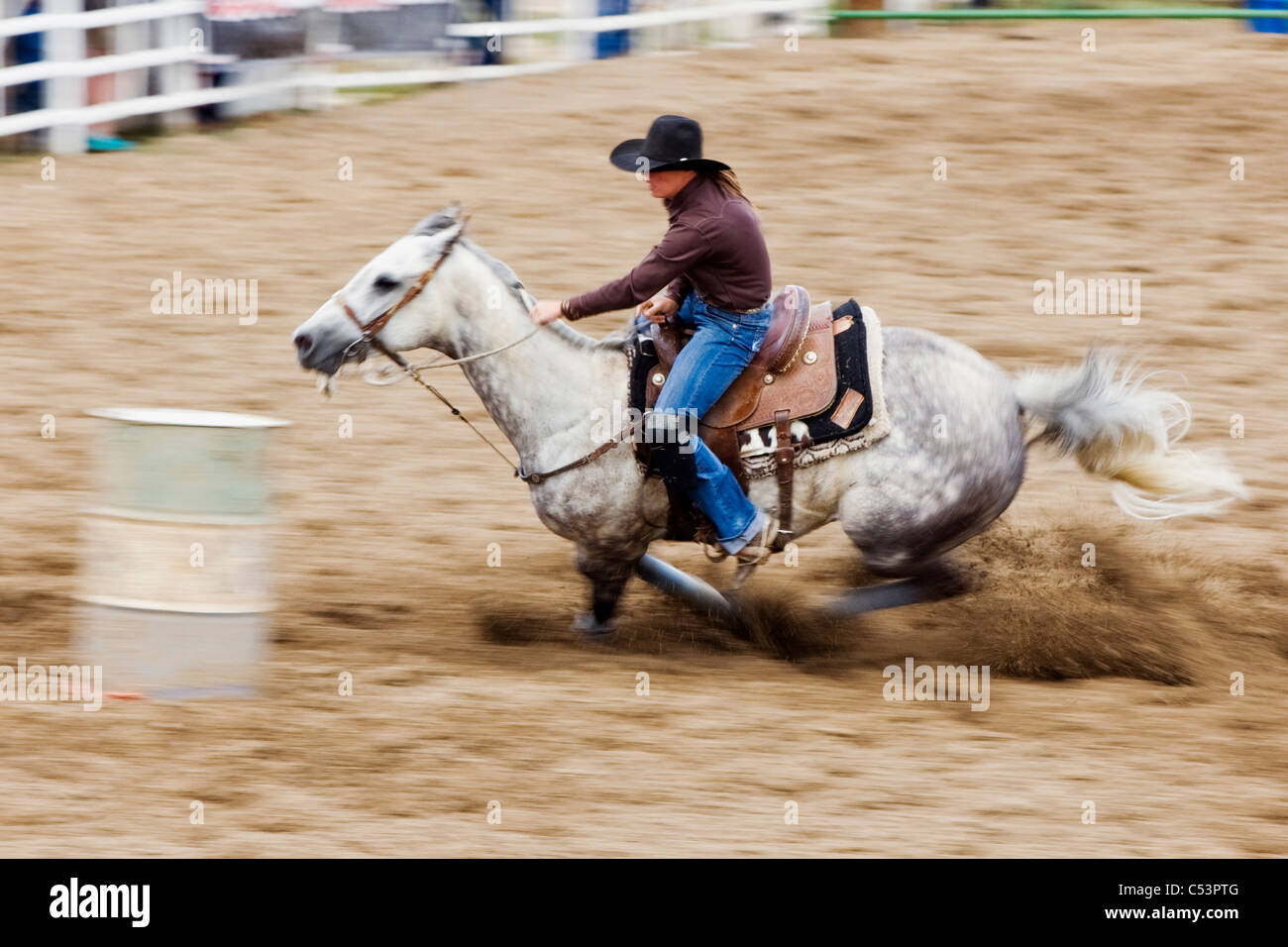 Cowgirl auf Reiten in die Damen Lauf Rennveranstaltung, Chaffee County Fair & Rodeo. Stockfoto