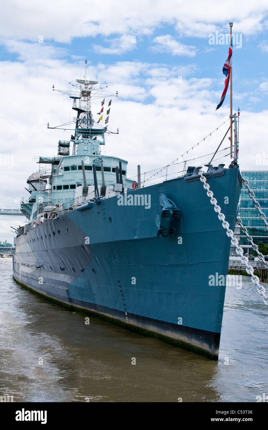 Kriegsschiff HMS Belfast, Themse, London, England Stockfoto