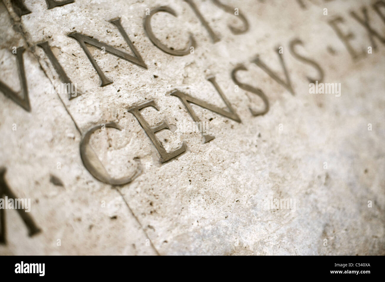 Rom, Italien, Ara Pacis lateinische Inschrift Detail mit flachen DOF. Stockfoto