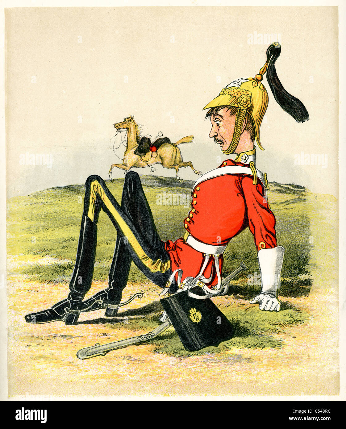 Karikatur von einem jungen britischen Sub Leutnant, der von seinem Pferd gefallen ist Stockfoto