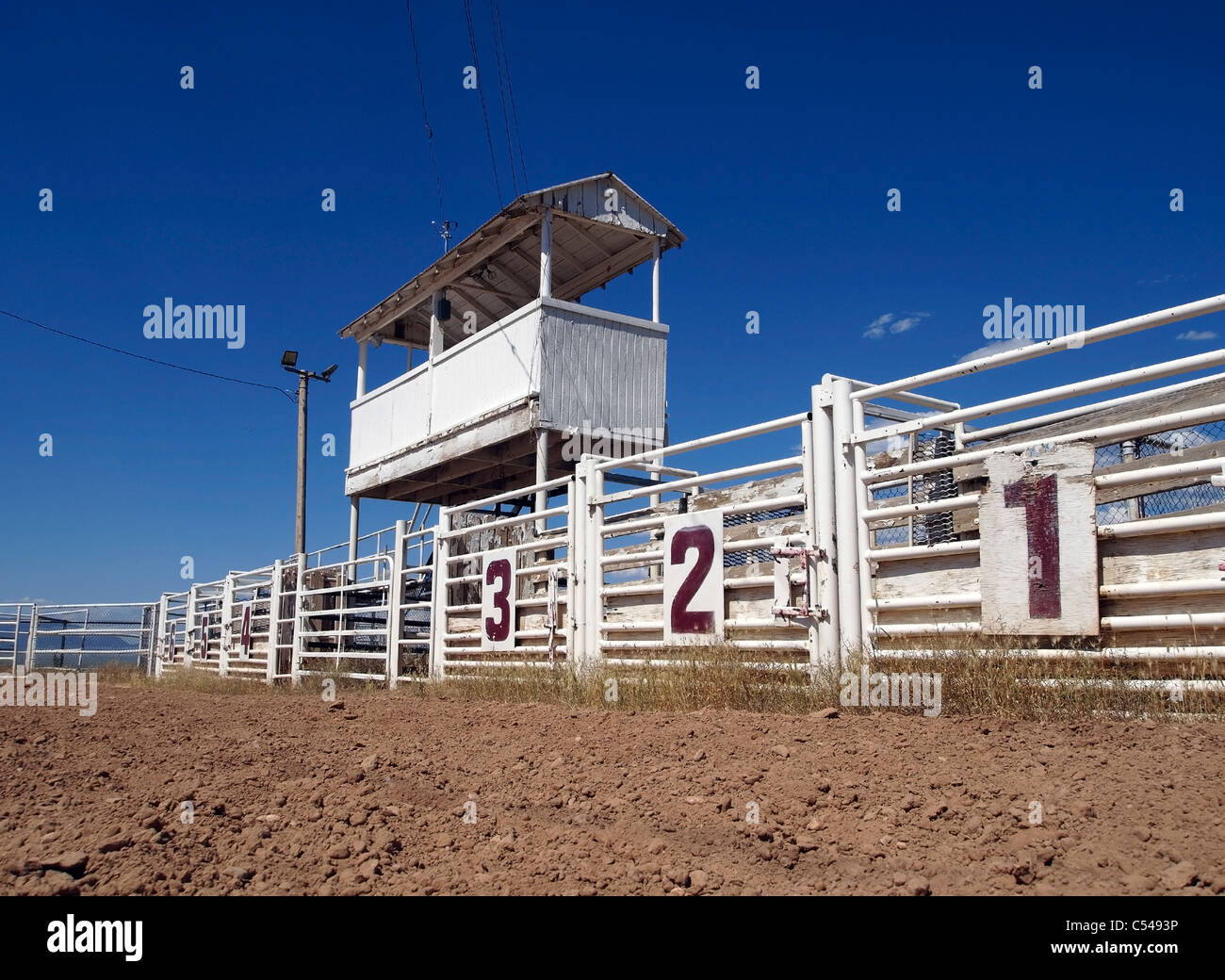 Sechs Rodeo Tore unter der Ansager Stand auf einem ländlichen Rodeo. Stockfoto