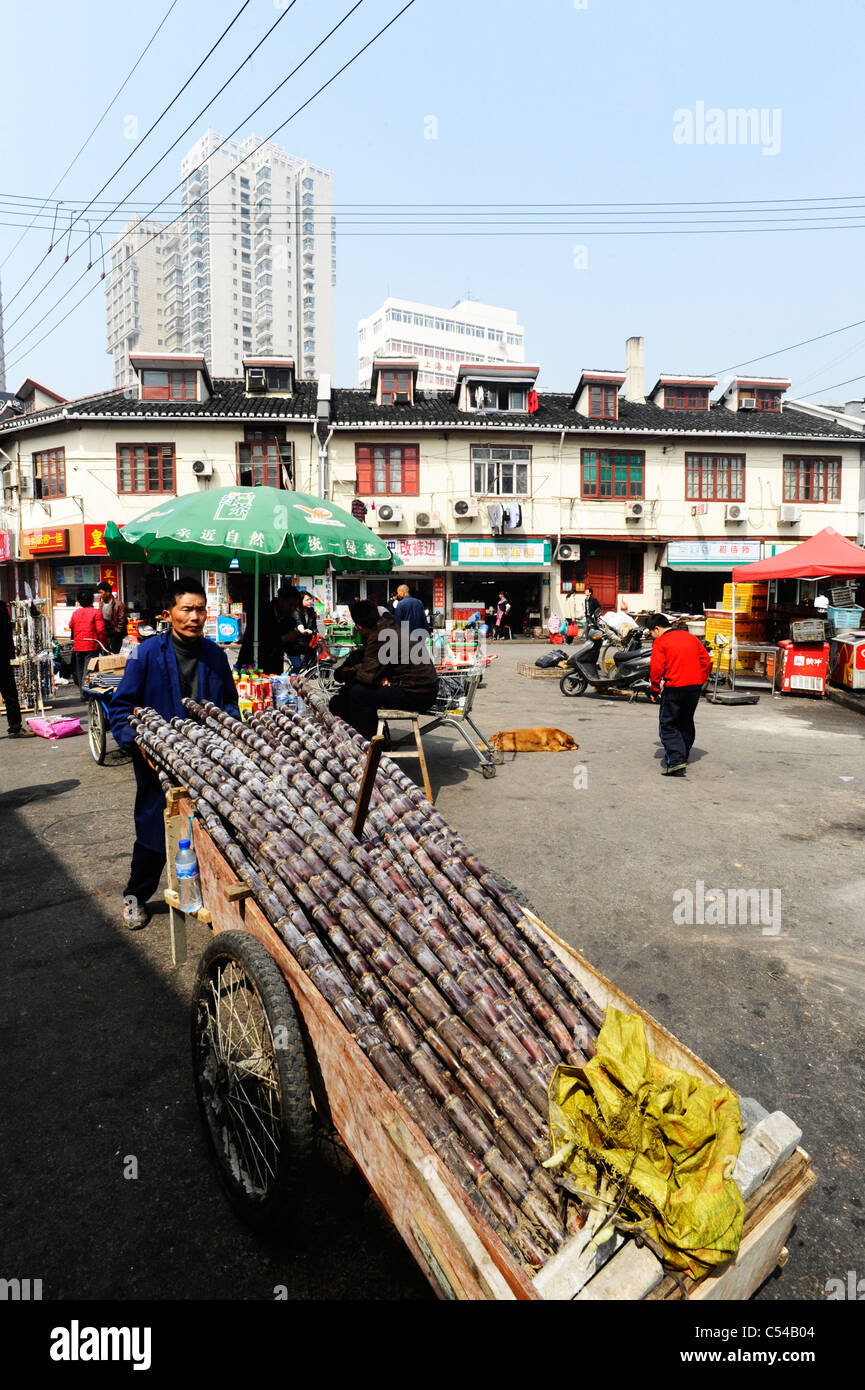 Ein Mann schob einen Karren voll von Bambus Gerüste in Shanghai Altstadt. Stockfoto