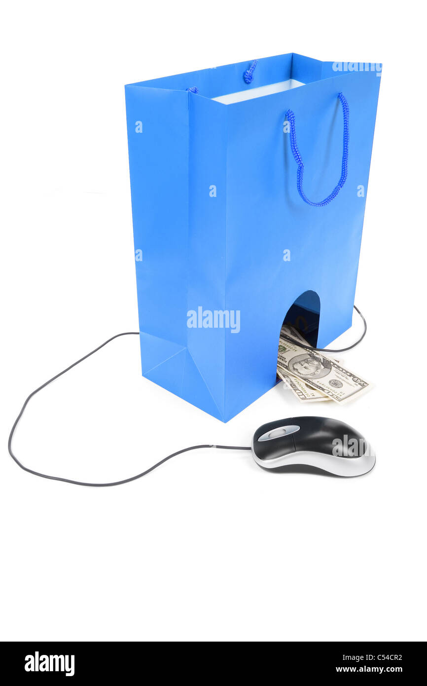 Isolierte Einkaufstasche und Computer-Maus, Konzept des e-Commerce Stockfoto
