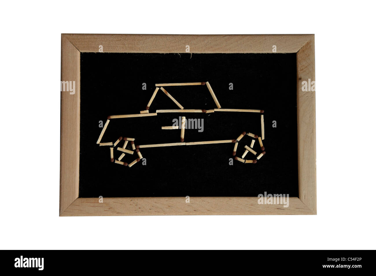 Holz machte Auto auf schwarzem Hintergrund in Rahmen Stockfoto