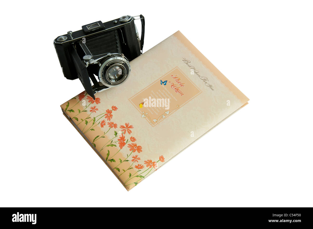 Foto-Album und Vintage-Kamera isoliert auf weiss Stockfoto