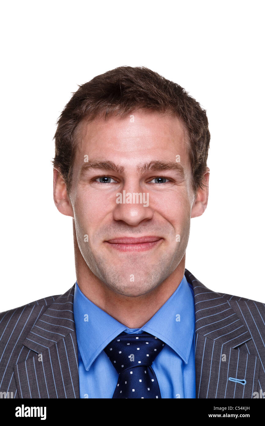 Foto von einem Geschäftsmann mit einem glücklichen Ausdruck auf seinem Gesicht, Headshot isoliert auf einem weißen Hintergrund. Teil einer Serie. Stockfoto