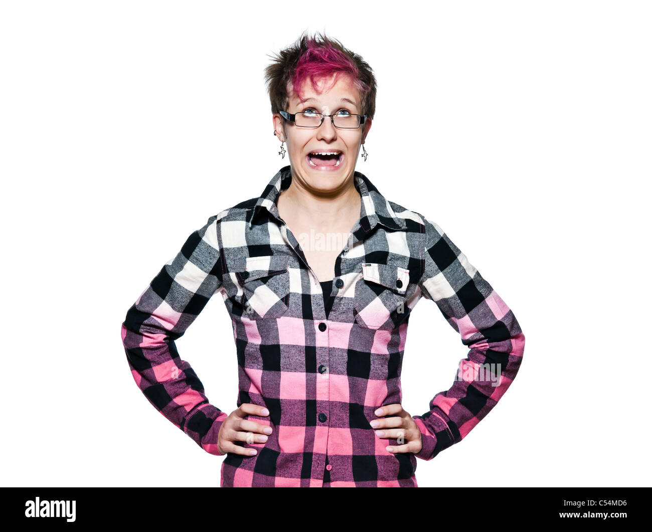 Porträt einer frustriert junge expressive stilvolle ängstliche Frau Nachschlagen im Studio auf weißen Hintergrund isoliert Stockfoto