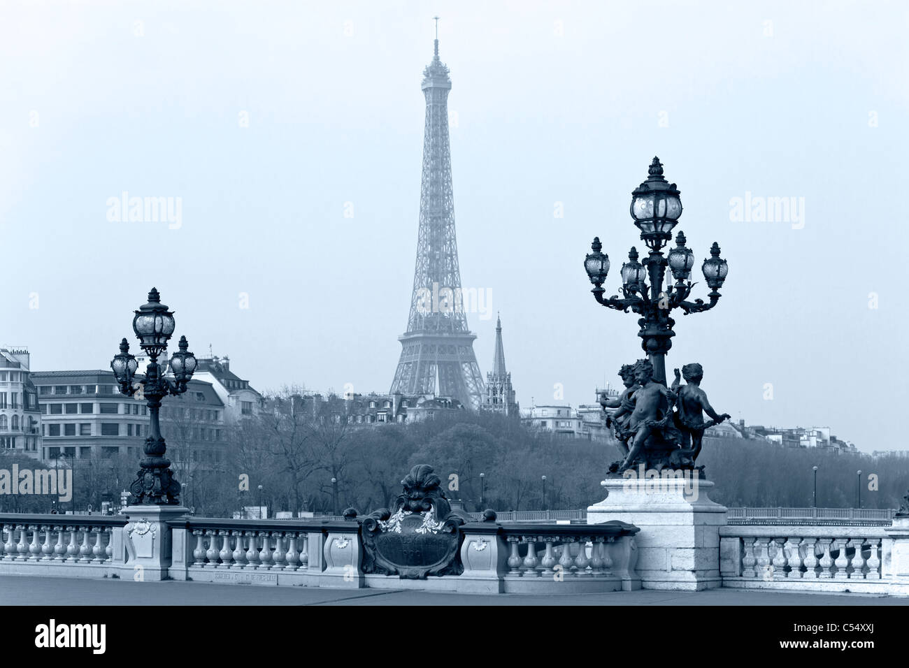 Straße-Laterne auf der Brücke Alexandre III gegen den Eiffelturm in Paris, Frankreich. Stockfoto