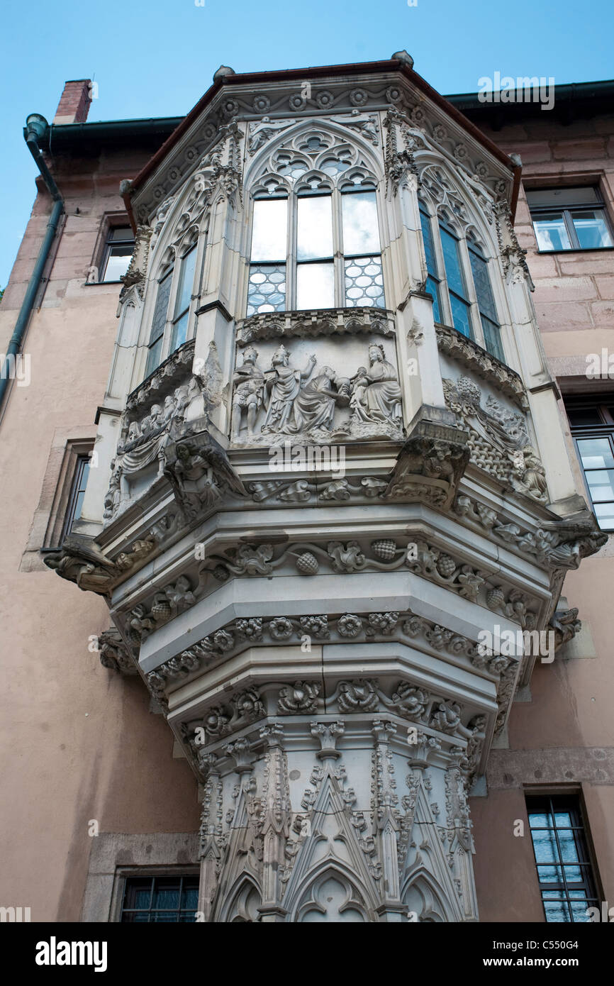 Choerlein am Pfarrhaus Sebalduskirche, Verzierter Erker Altstadt, Bowfront, Pfarrhaus, Sebaldus Kirche Altstadt Stockfoto