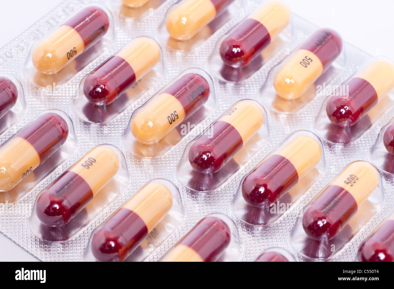 Eine Blisterpackung von 500mg Amoxicillin Kapseln (Antibiotika) Stockfoto