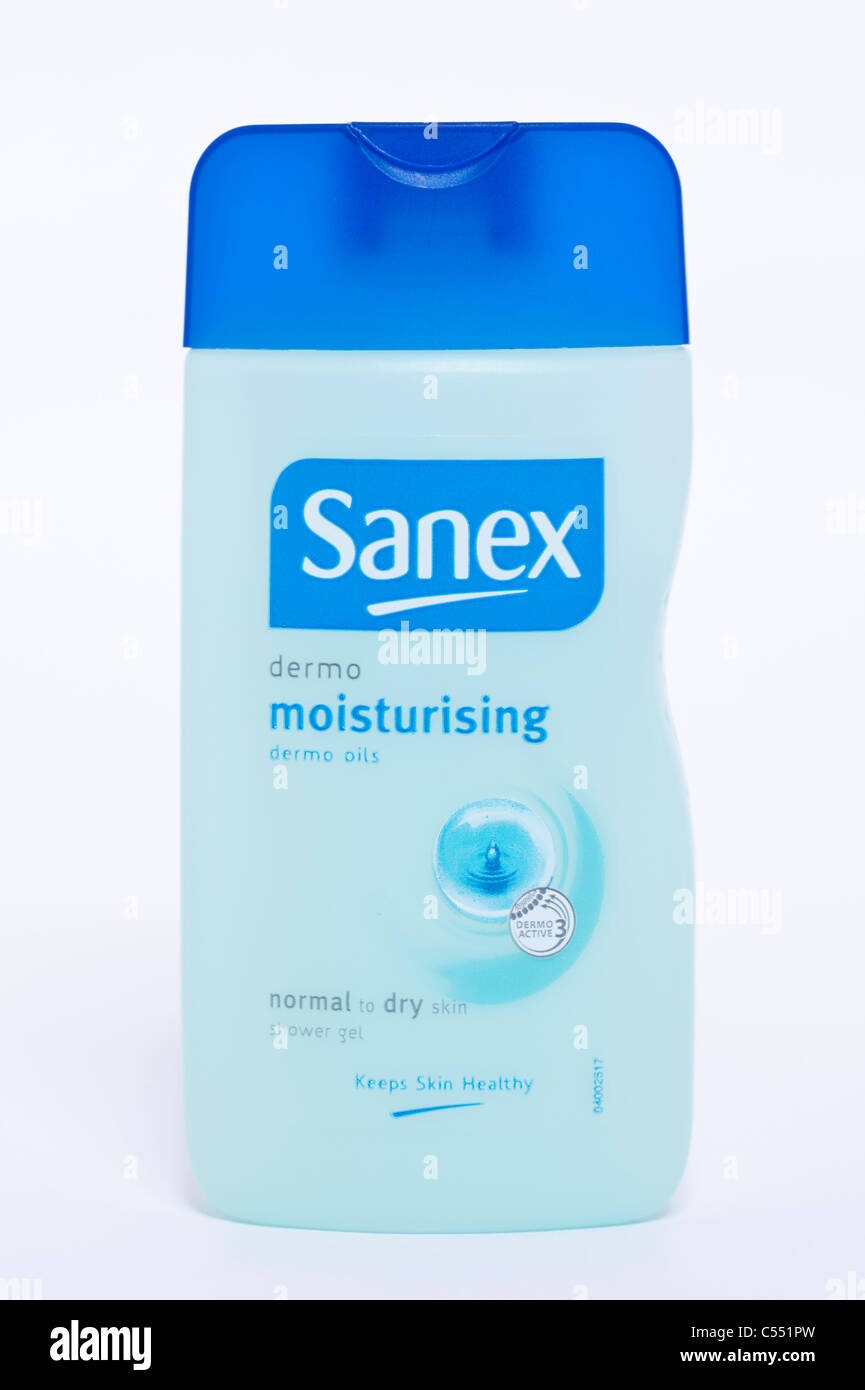 Eine Flasche Sanex Dermo feuchtigkeitsspendende Duschgel auf weißem Hintergrund Stockfoto